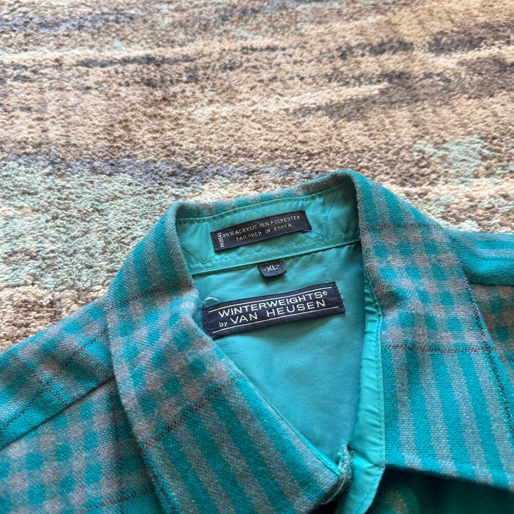 Men's Vintage 80's Winterweights Teal Blue Gray Flannel Long Sleeve Shirt Sz XL - Picture 3 of 8